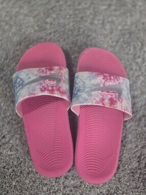 Nike Girls Pink and Blue Slides with Silver Swoosh